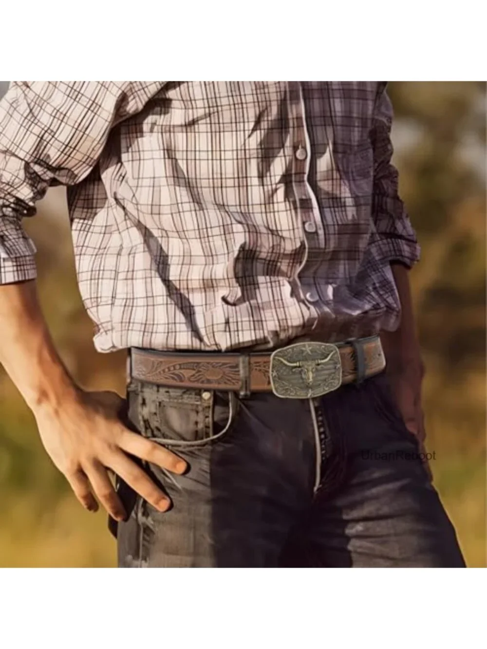 Western Leather Belt with Engraved Buckle for Men